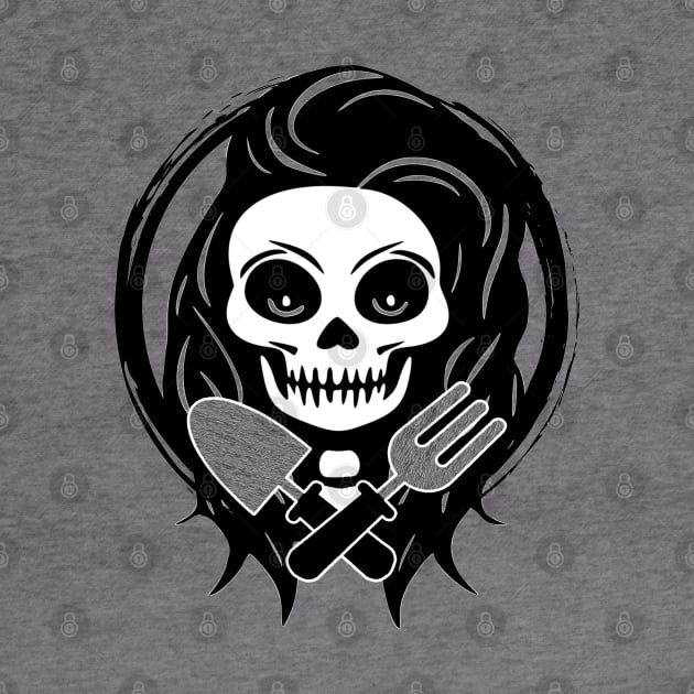 Female Gardener Skull and Garden Tools Black Logo by Nuletto